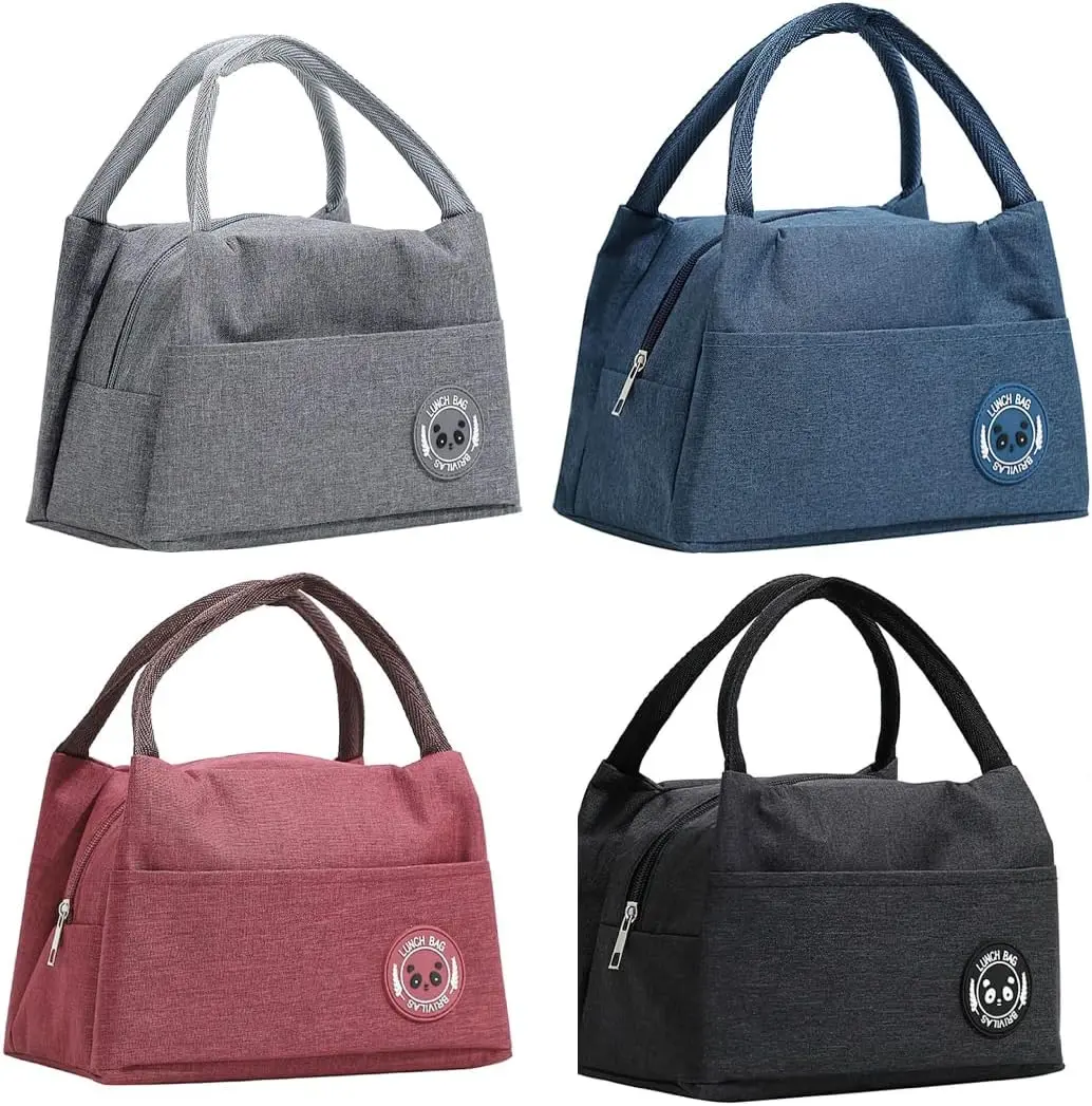 Set x2 loncheras térmicas portátiles en gris, azul, rosa y negro, con compartimento exterior y diseño de panda.