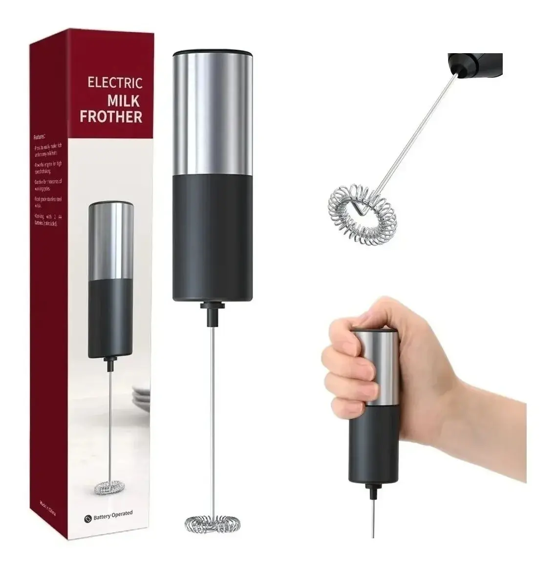 Batidor eléctrico para leche portátil plateado y negro, ideal para espumar.
