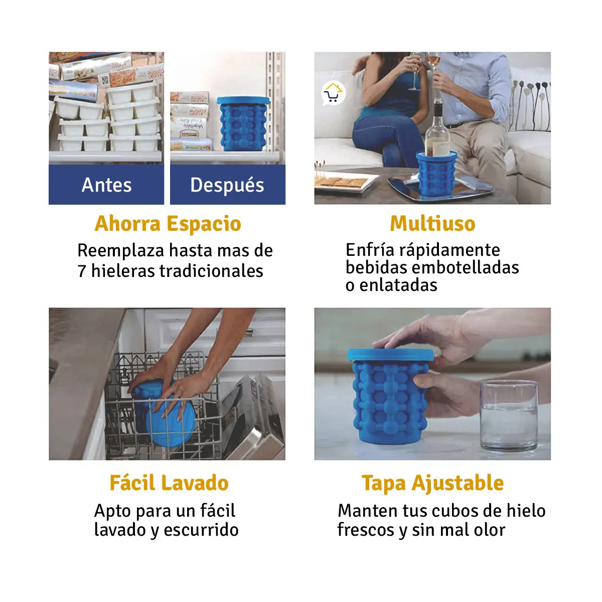 Mini hielera portátil de silicona azul para mantener bebidas frías, ahorra espacio, fácil lavado y con tapa ajustable.