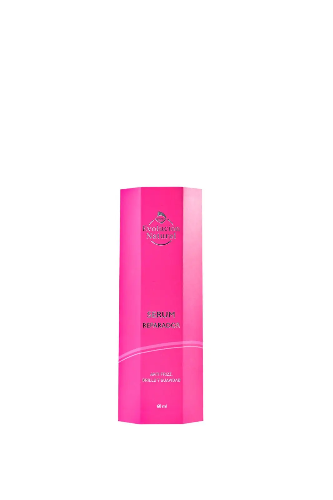 Serum reparador Evolucion Natural en envase rosa hexagonal, 60 ml, para cabello seco, dañado, sella puntas y controla frizz.