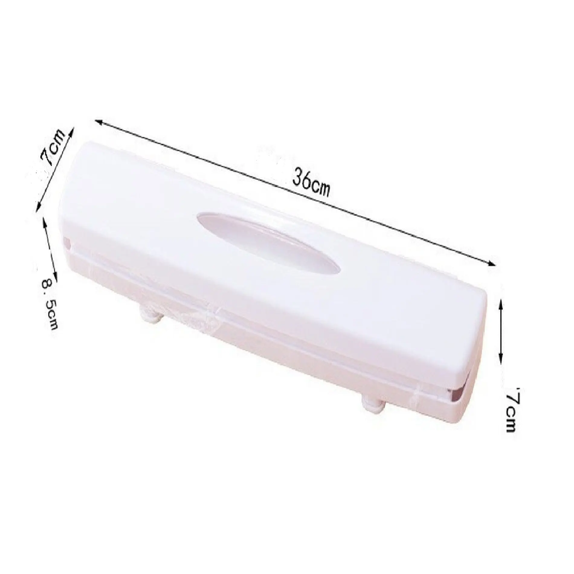 Dispensador de film blanco de 36 cm de largo, 8.5 cm de ancho y 7 cm de alto. Cuenta con ranura para extracción y corte preciso, ideal para conservar alimentos.