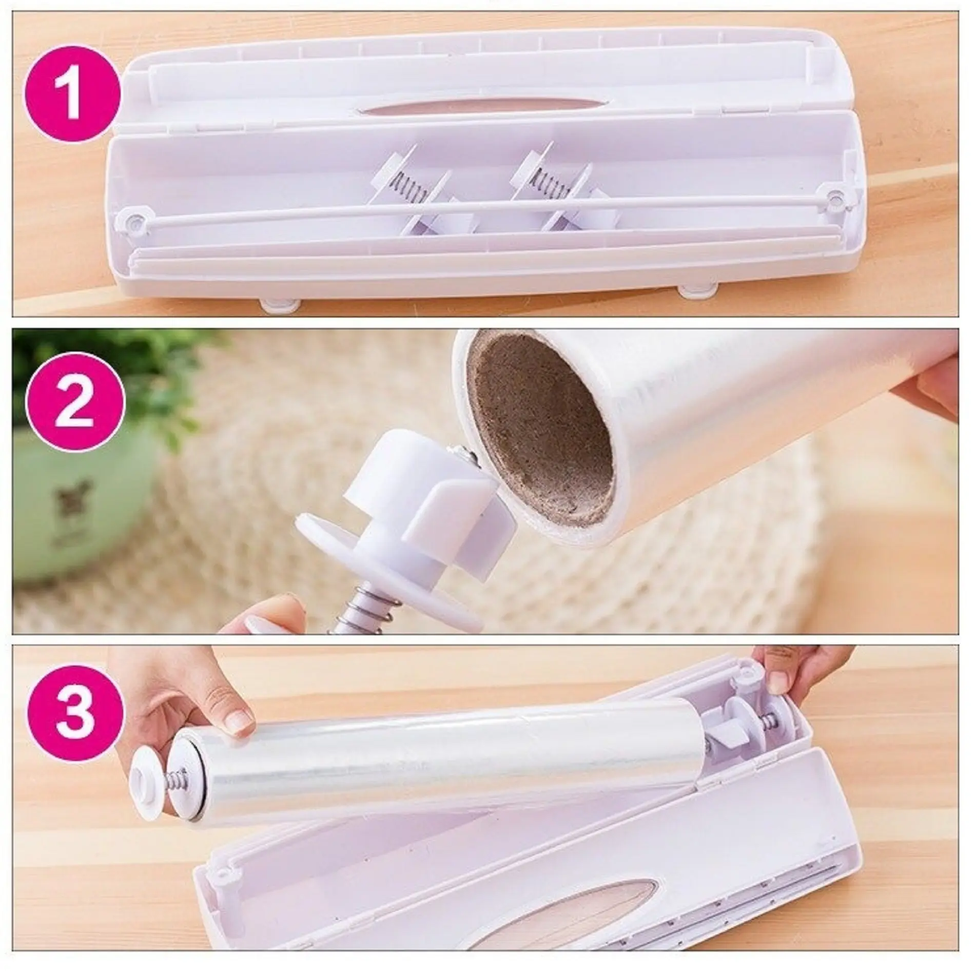 Instrucciones para armar dispensador de film blanco. Muestra tres pasos: la base con resortes, insertar el rollo y el mecanismo cerrado listo para cortar.