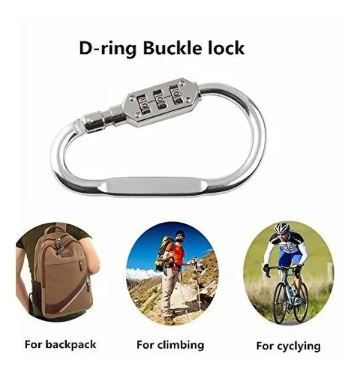 Candado de mosquetón plateado con combinación de 3 dígitos, ideal para mochilas, escalada y ciclismo.