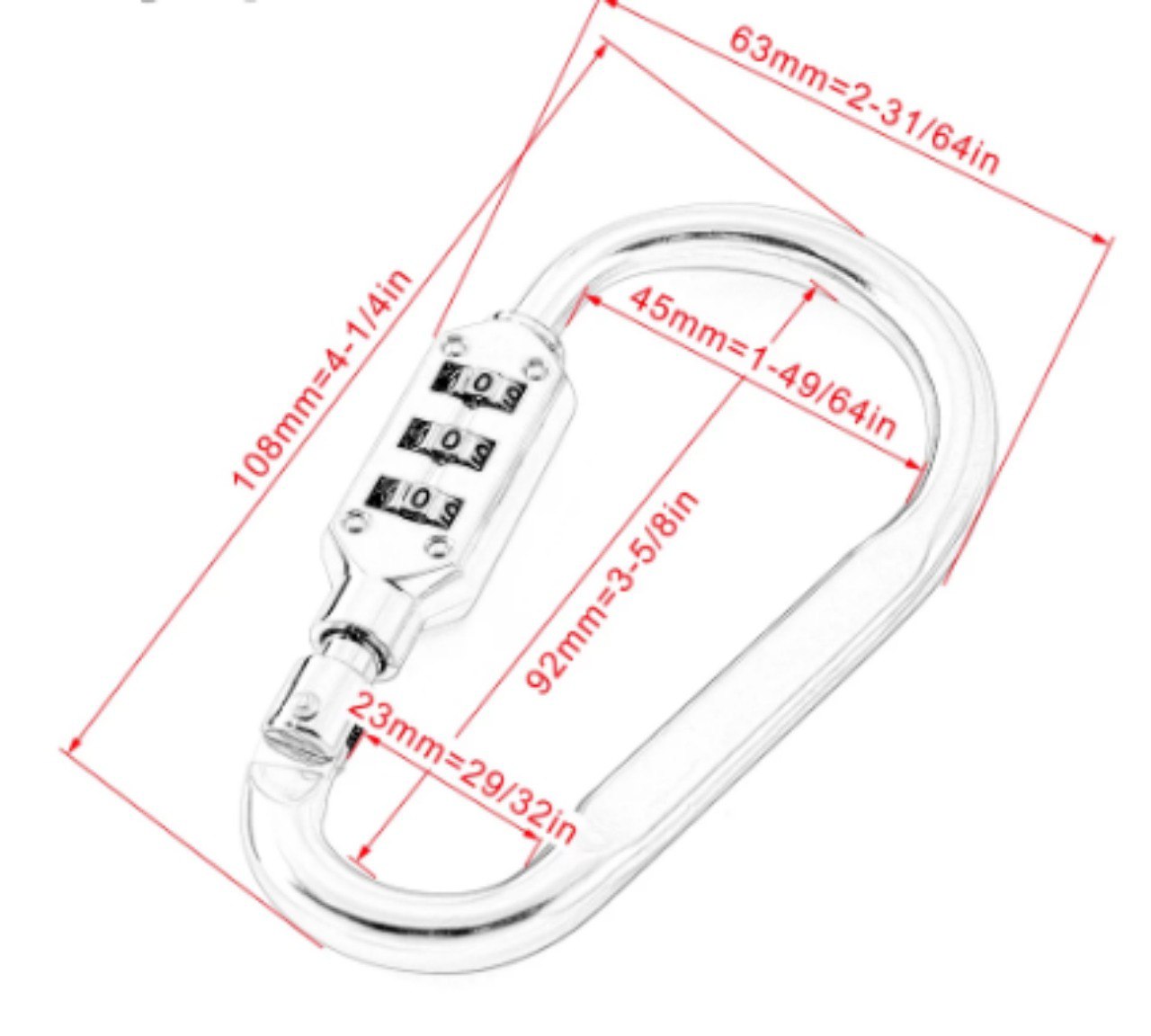 Candado de mosquetón plateado con combinación de 3 dígitos, 108mm de largo, ideal para seguridad.