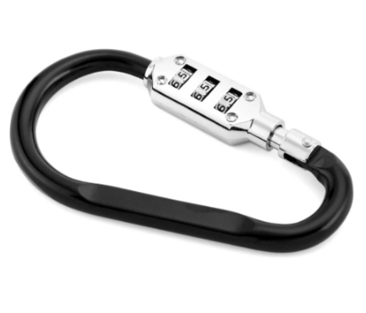 Carabina negra con candado de combinación de 3 dígitos plateado, ideal para seguridad.