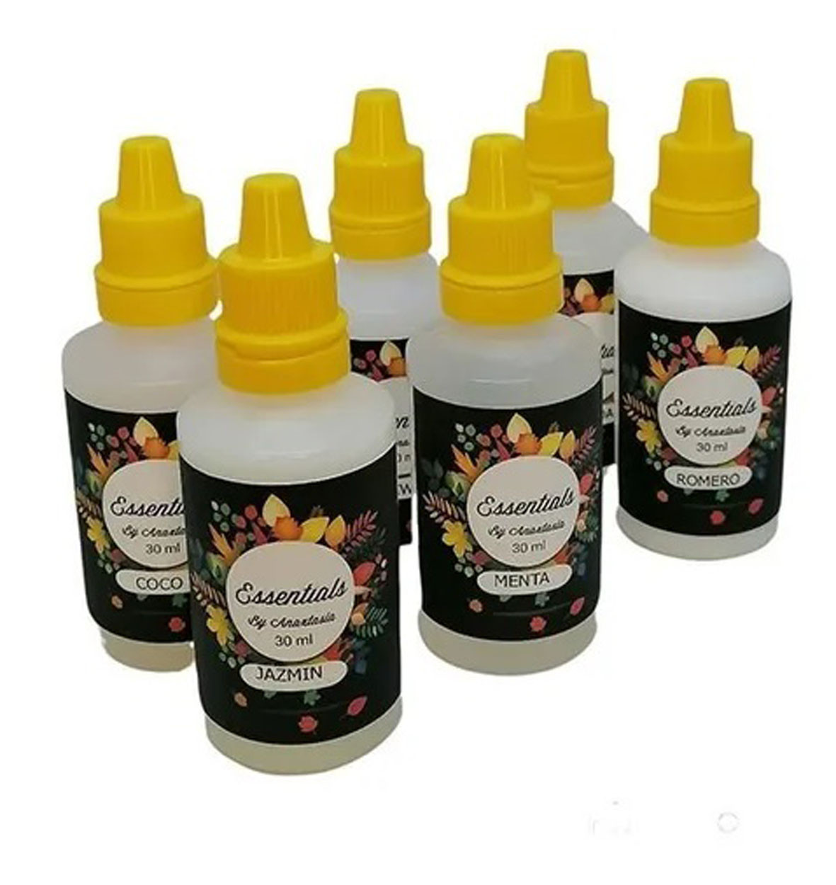 Seis esencias concentradas hidrosolubles de 30 ml con tapas amarillas, ideal para crear ambientes agradables.