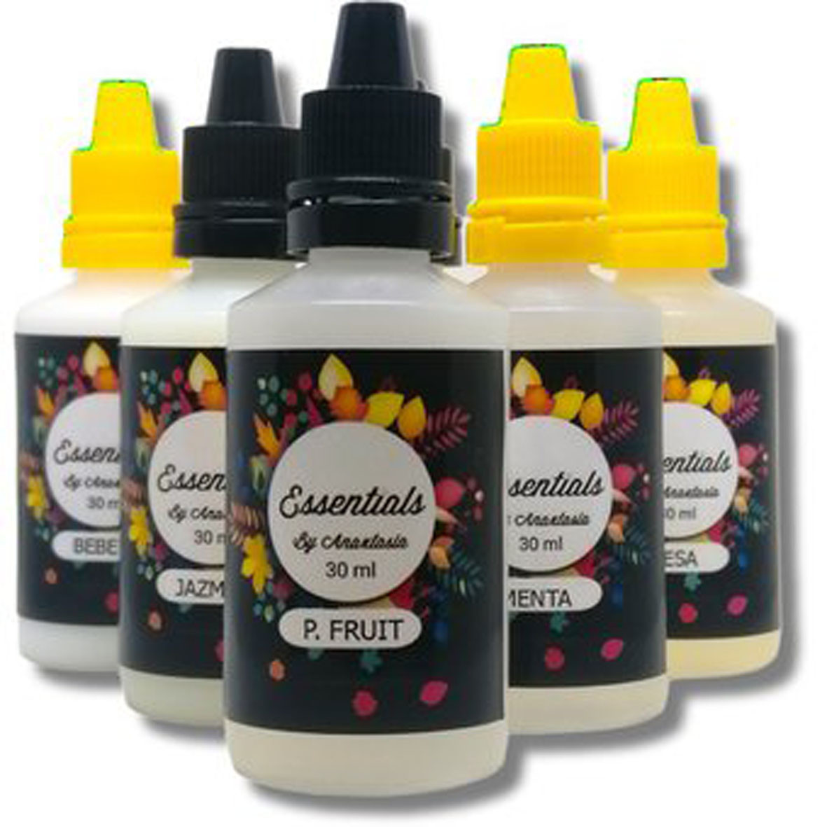 Set de 6 esencias concentradas hidrosolubles de 30 ml cada una, con tapas amarillas y negras, ideales para crear ambientes agradables.