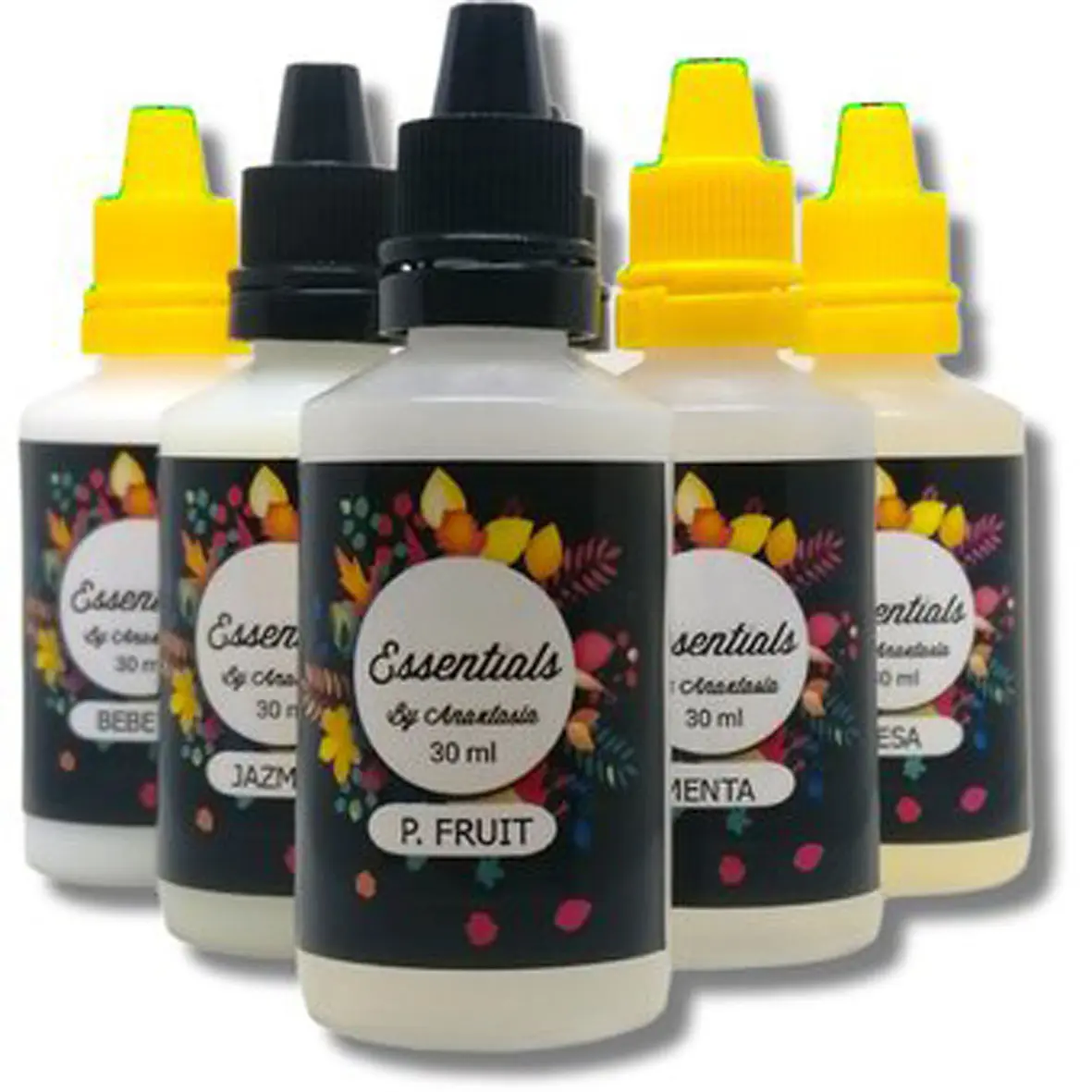 Set de 6 esencias concentradas hidrosolubles de 30 ml cada una, con tapas amarillas y negras, ideales para crear ambientes agradables.