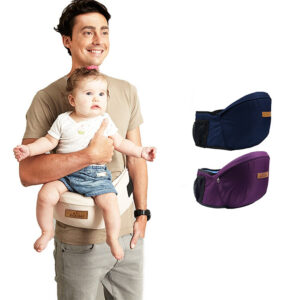 Asiento portabebés ergonómico beige con bebé, muestra opciones azul marino y morado.