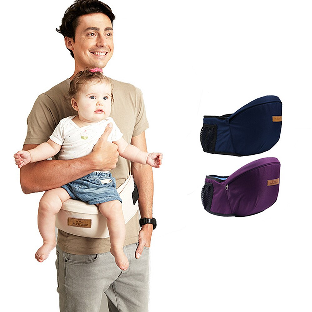 Asiento portabebés ergonómico beige con bebé, muestra opciones azul marino y morado.