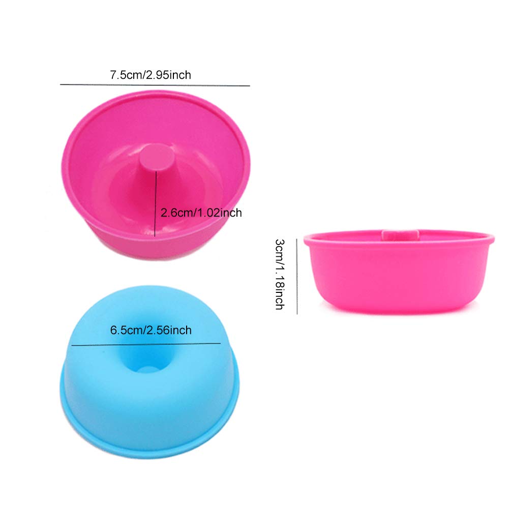 Moldes de silicona para donuts, uno rosa de 7.5cm y otro azul de 6.5cm, ideales para postres caseros.
