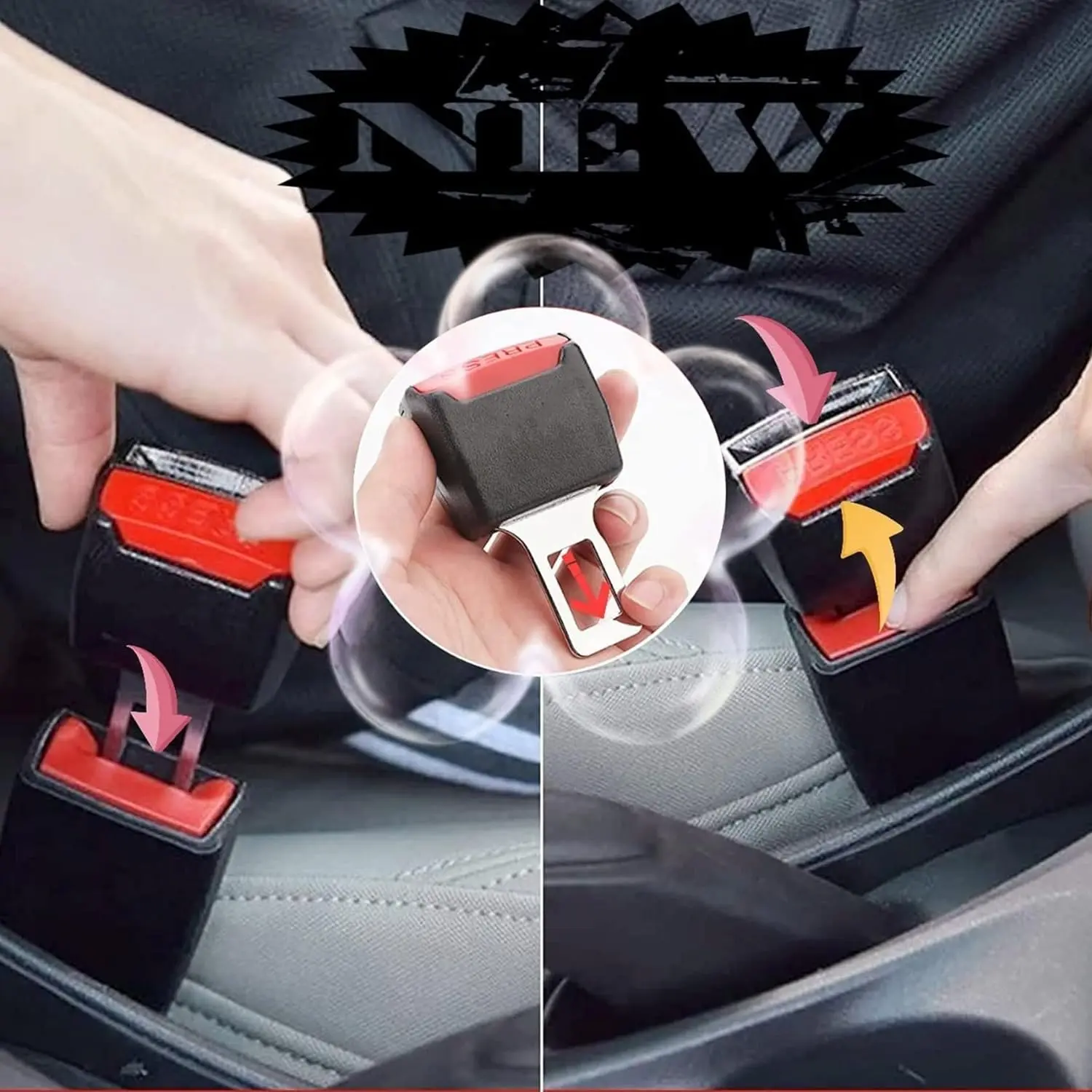Extensor alargador de cinturón de seguridad de auto, metálico con botón rojo de presión.