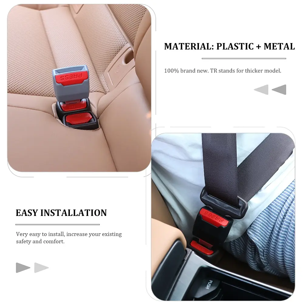 Extensor alargador de cinturón de seguridad automotriz, en plástico y metal gris y rojo, para mayor comodidad.