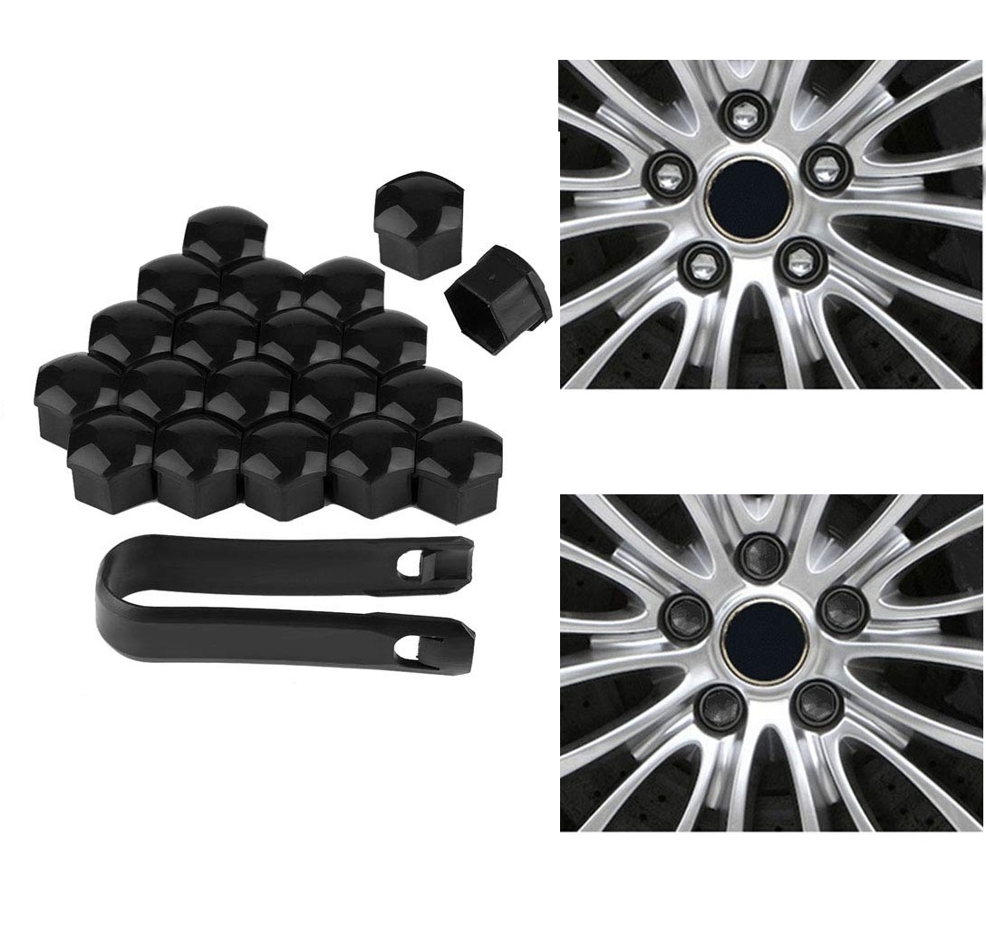 Tapas embellecedoras negras para pernos de rueda de auto, con herramienta de instalación, para proteger y decorar llantas.