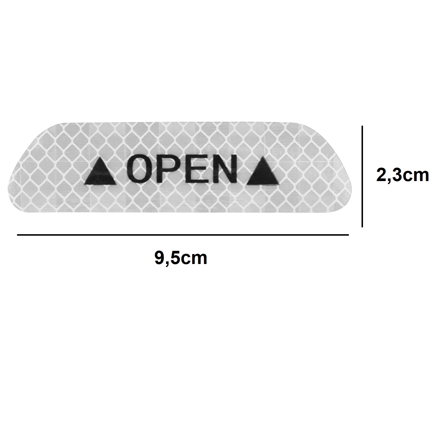 Adhesivo reflectivo para puerta de auto, 9.5x2.3cm, con texto "OPEN" y flechas, previene colisiones.