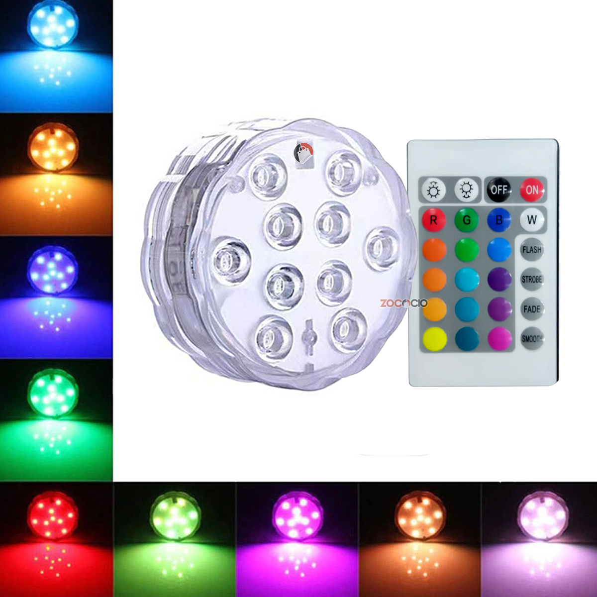 Luz LED sumergible RGB para piscina y jacuzzi con control remoto, ideal para crear ambientes.