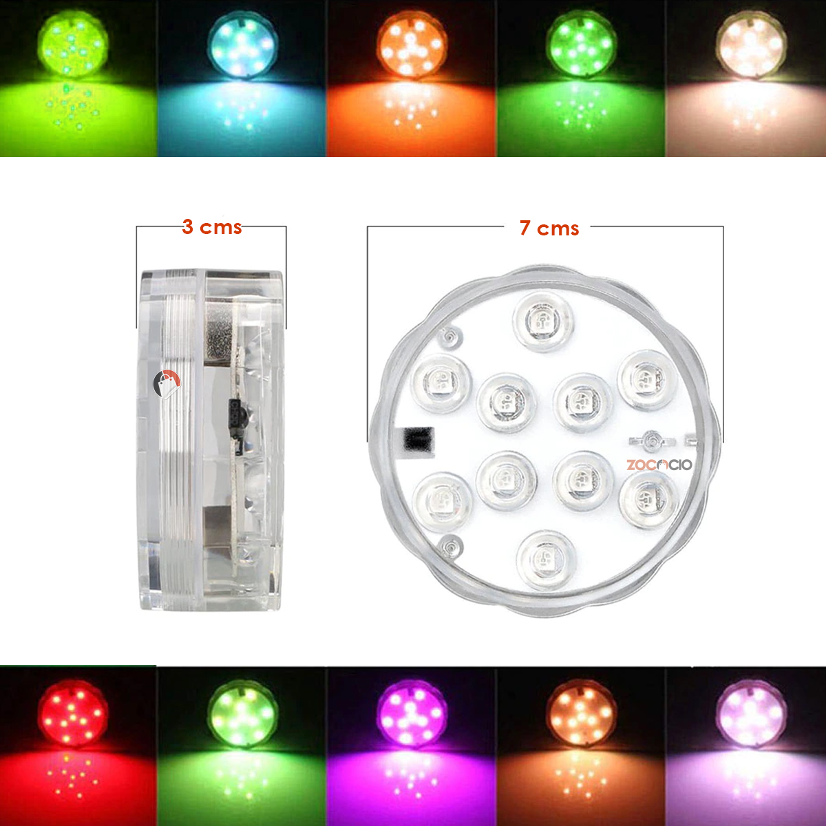 Luz LED sumergible de 7 cm de diámetro, 3 cm de alto, con 9 LEDs, ideal para piscinas y jacuzzis.