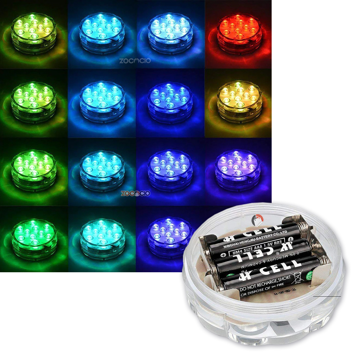 Luces LED sumergibles para piscina en varios colores, con pilas AAA incluidas en recipiente transparente.