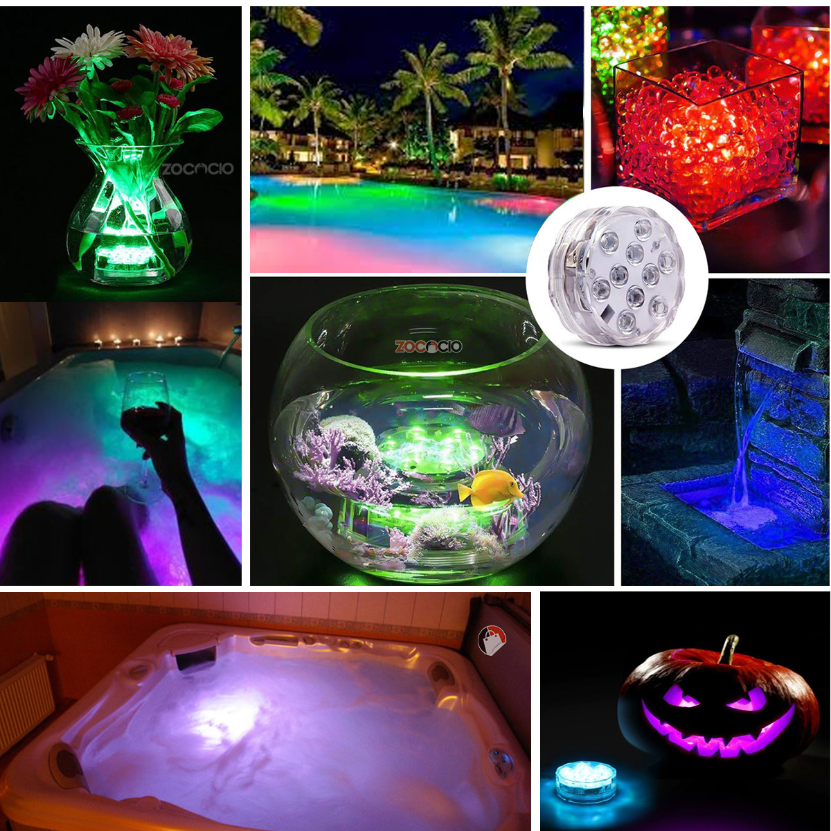 Luces LED sumergibles para piscina y jacuzzi, crean ambiente mágico con colores vibrantes.