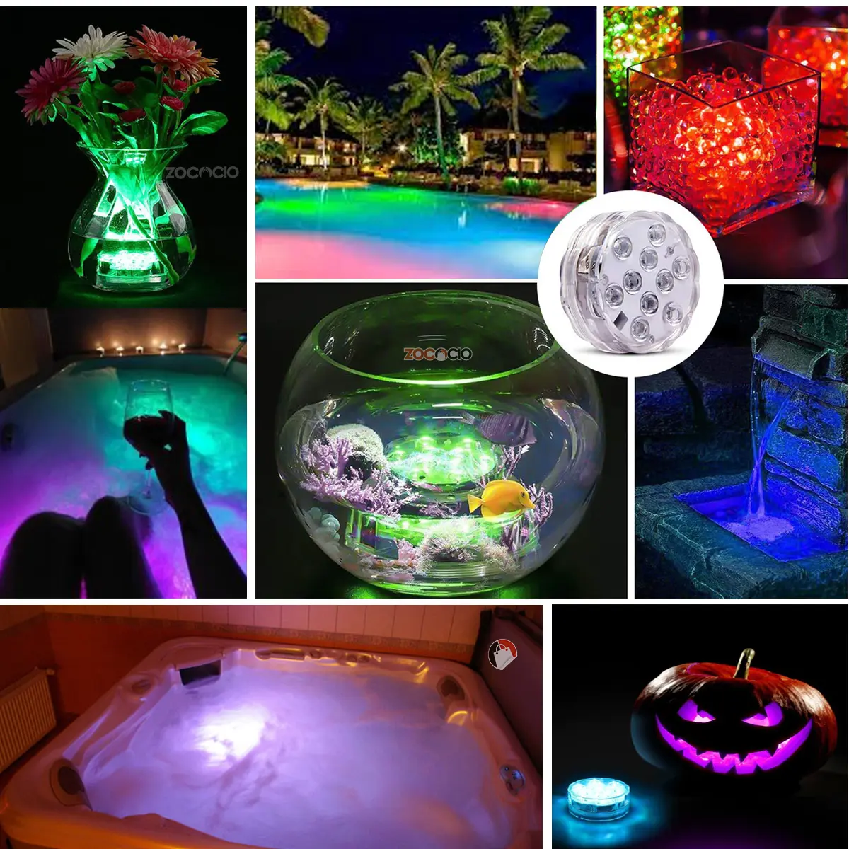 Luces LED sumergibles para piscina y jacuzzi, crean ambiente mágico con colores vibrantes.