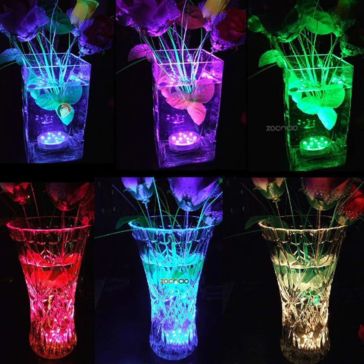 Luz LED sumergible para piscina y jacuzzi en florero con agua, ilumina con colores vibrantes, creando ambiente mágico.