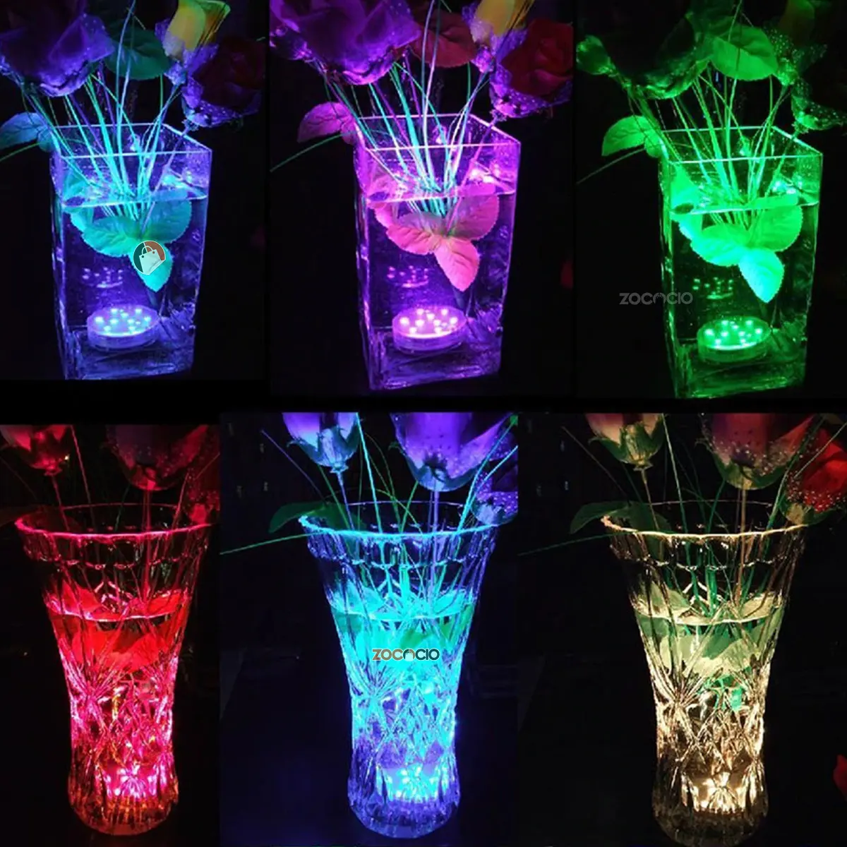 Luz LED sumergible para piscina y jacuzzi en florero con agua, ilumina con colores vibrantes, creando ambiente mágico.