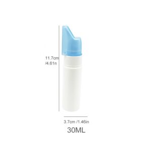 Frasco lavador nasal portátil blanco y azul de 30ml con medidas 11.7cm x 3.7cm.