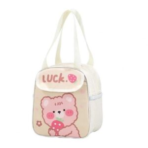 Lonchera térmica beige con oso rosa comiendo fresa y texto "Luck."