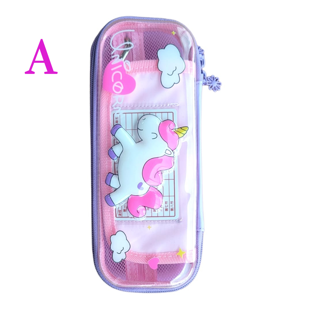 Cartuchera 3D transparente con unicornio rosa y blanco, ideal para niños.