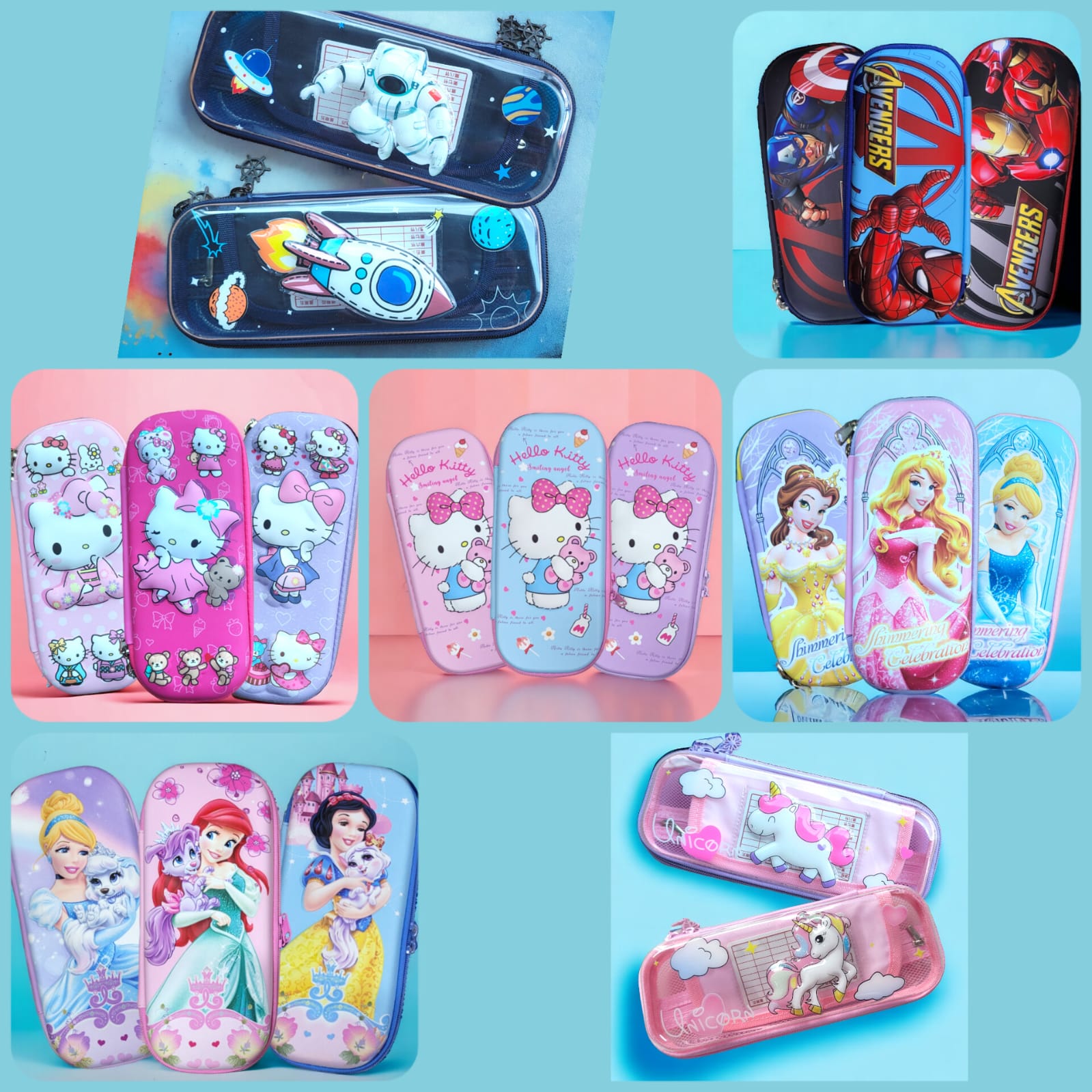 Cartucheras 3D infantiles: Astronauta y cohete espacial, Hello Kitty, Avengers y princesas Disney.