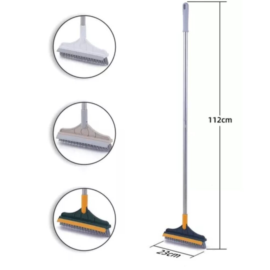 Escoba cepillo limpiador 2 en 1 con rasqueta, mango 112cm, cepillo 23cm. Ideal para pisos.