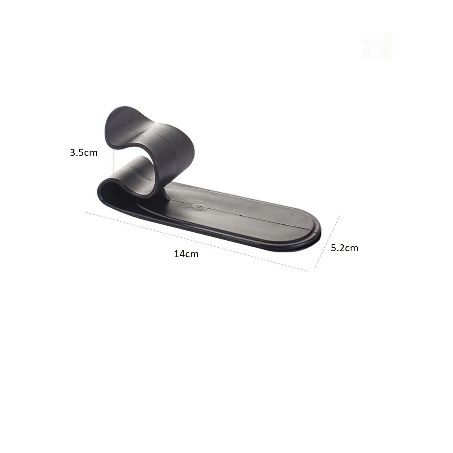 Gancho negro de plástico para sombrilla, 14x5.2x3.5cm, diseño curvo y adaptable.
