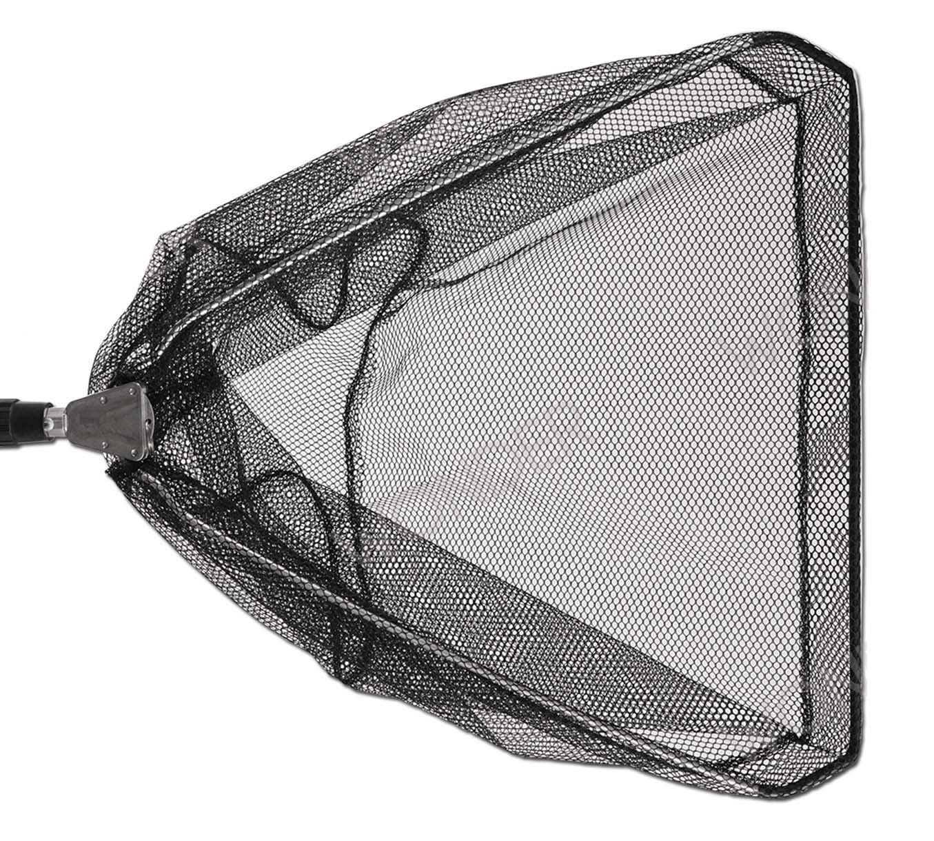 Nasa para pesca extensible y plegable, con mango telescópico y red negra de malla fina.