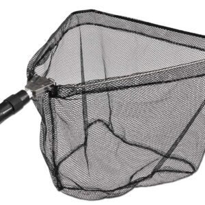 Nasa de pesca plegable con mango telescópico extensible, red negra de malla fina para captura segura.