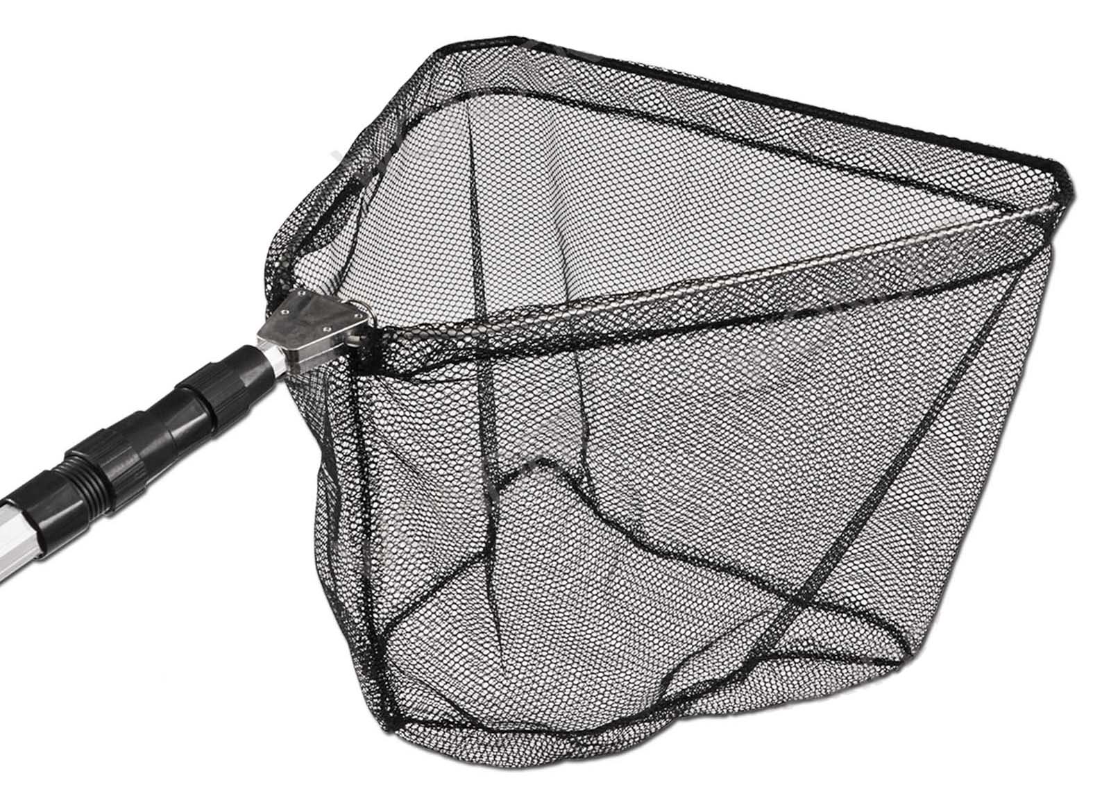 Nasa de pesca plegable con mango telescópico extensible, red negra de malla fina para captura segura.