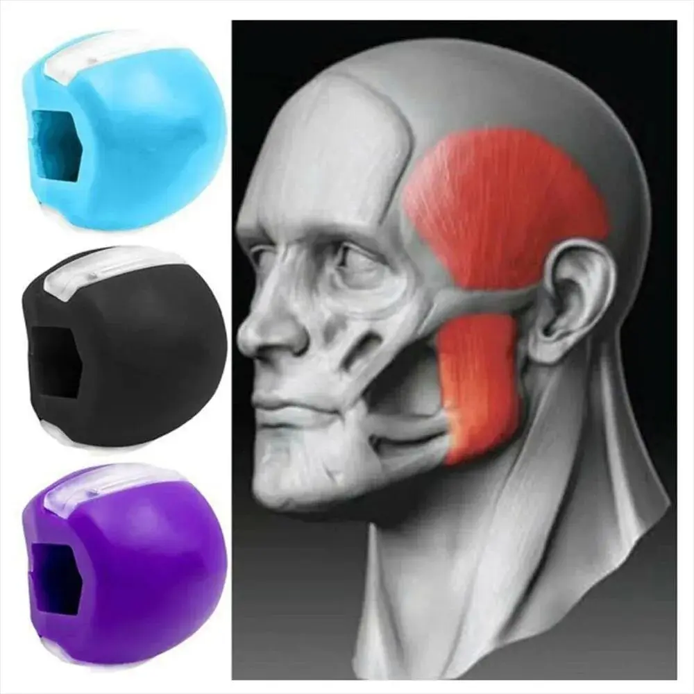 Set x2 ejercitador de mandíbula facial en azul, negro y morado. Ilustra músculos maseteros y temporales.