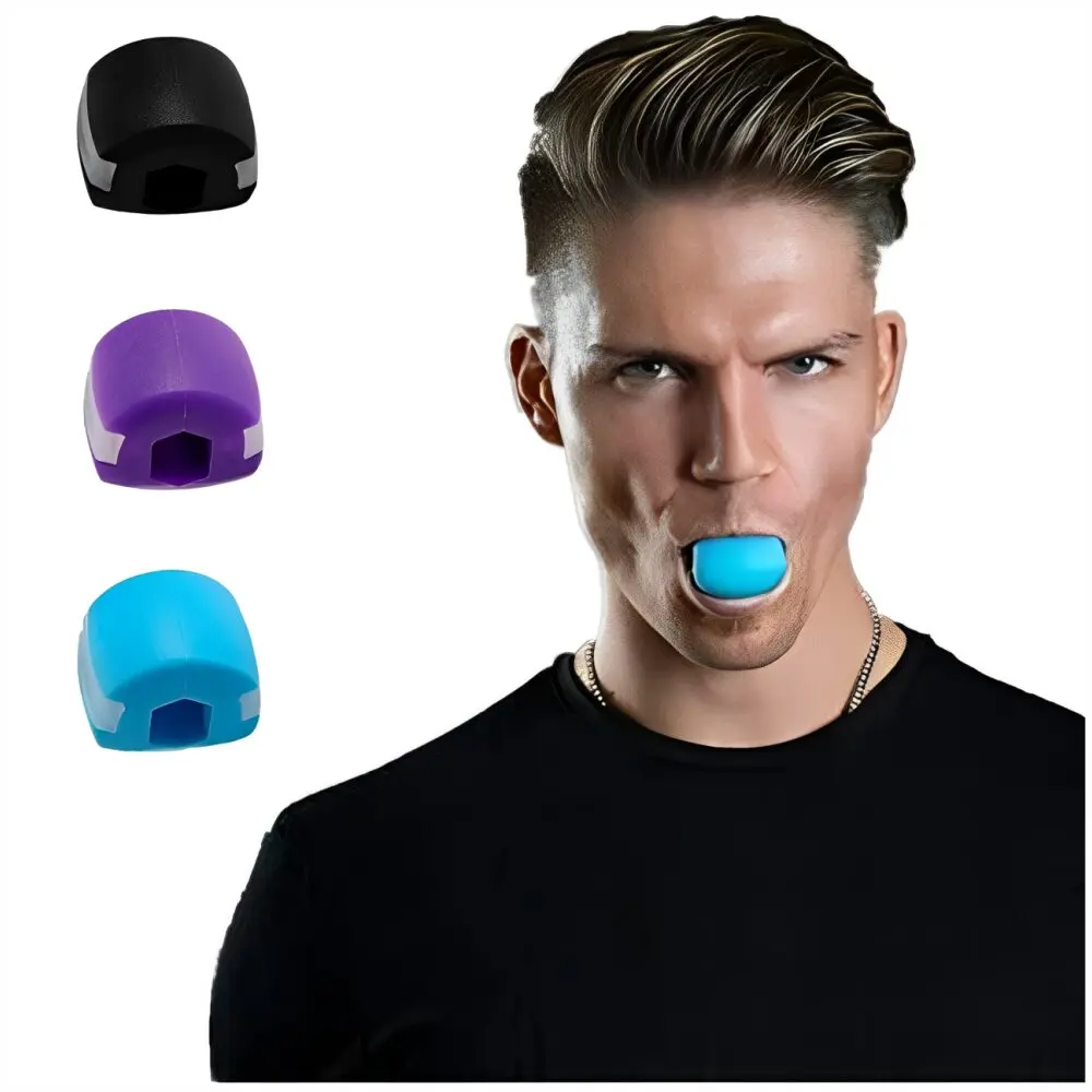 Set x2 ejercitador mandíbula en azul y morado, hombre con ejercitador azul en boca.