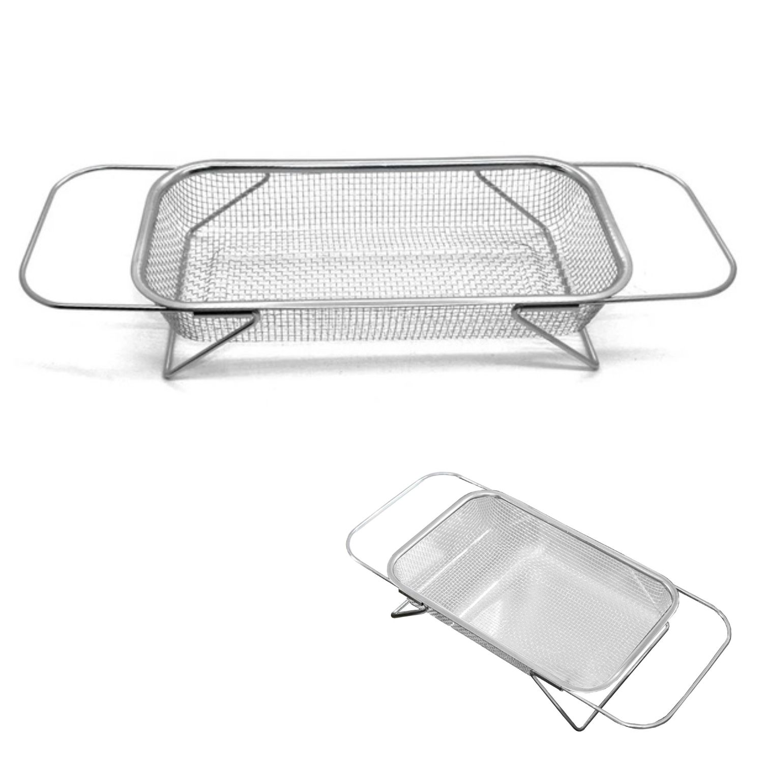 Escurridor expandible de acero inoxidable para frutas y verduras, con asas y patas de soporte.