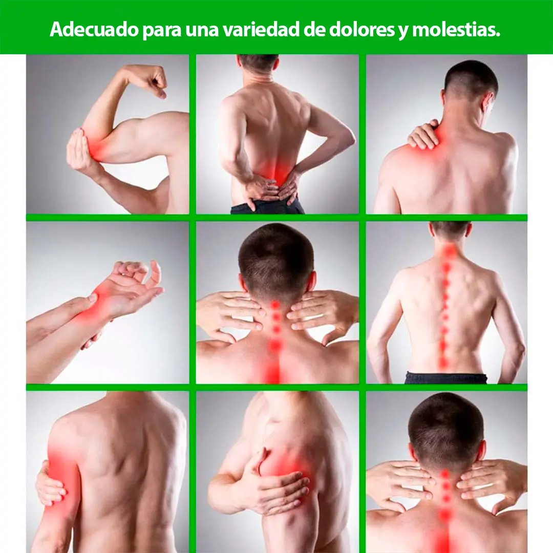Hombres con zonas de dolor resaltadas en rojo en codo, espalda, hombro, muñeca y cuello.