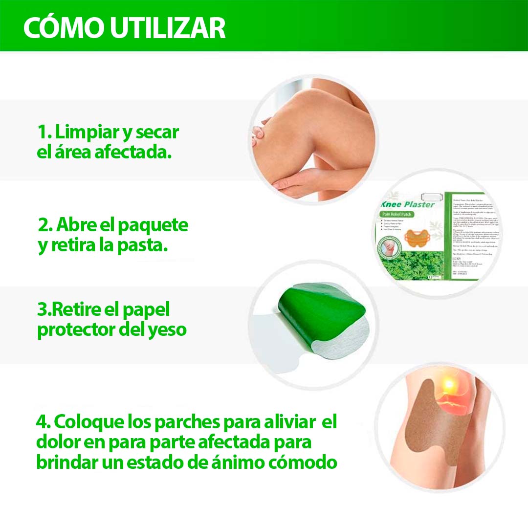Parches para rodillas que alivian el dolor, instrucciones de uso con imágenes.
