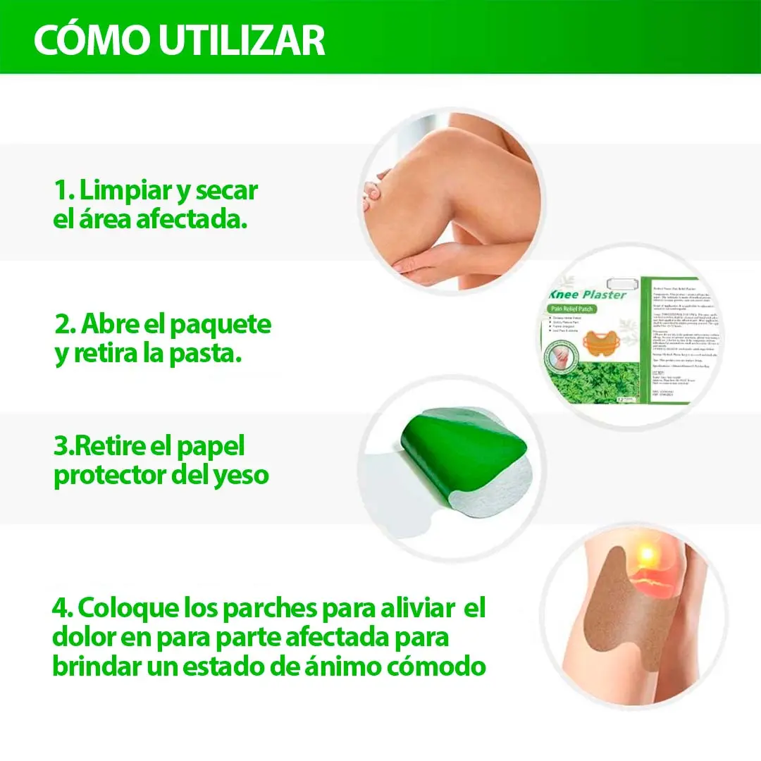 Parches para rodillas que alivian el dolor, instrucciones de uso con imágenes.