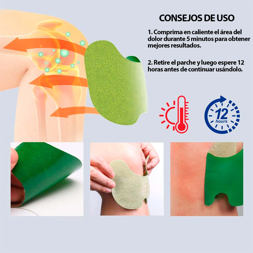Parches verdes para rodillas alivian dolor. Incluye aplicación en caliente y descanso de 12 horas.