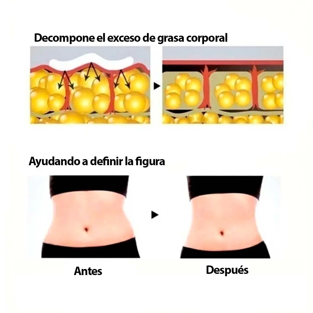 Set x2 spray adelgazante reductor de grasa corporal, muestra antes y después de abdomen tonificado.