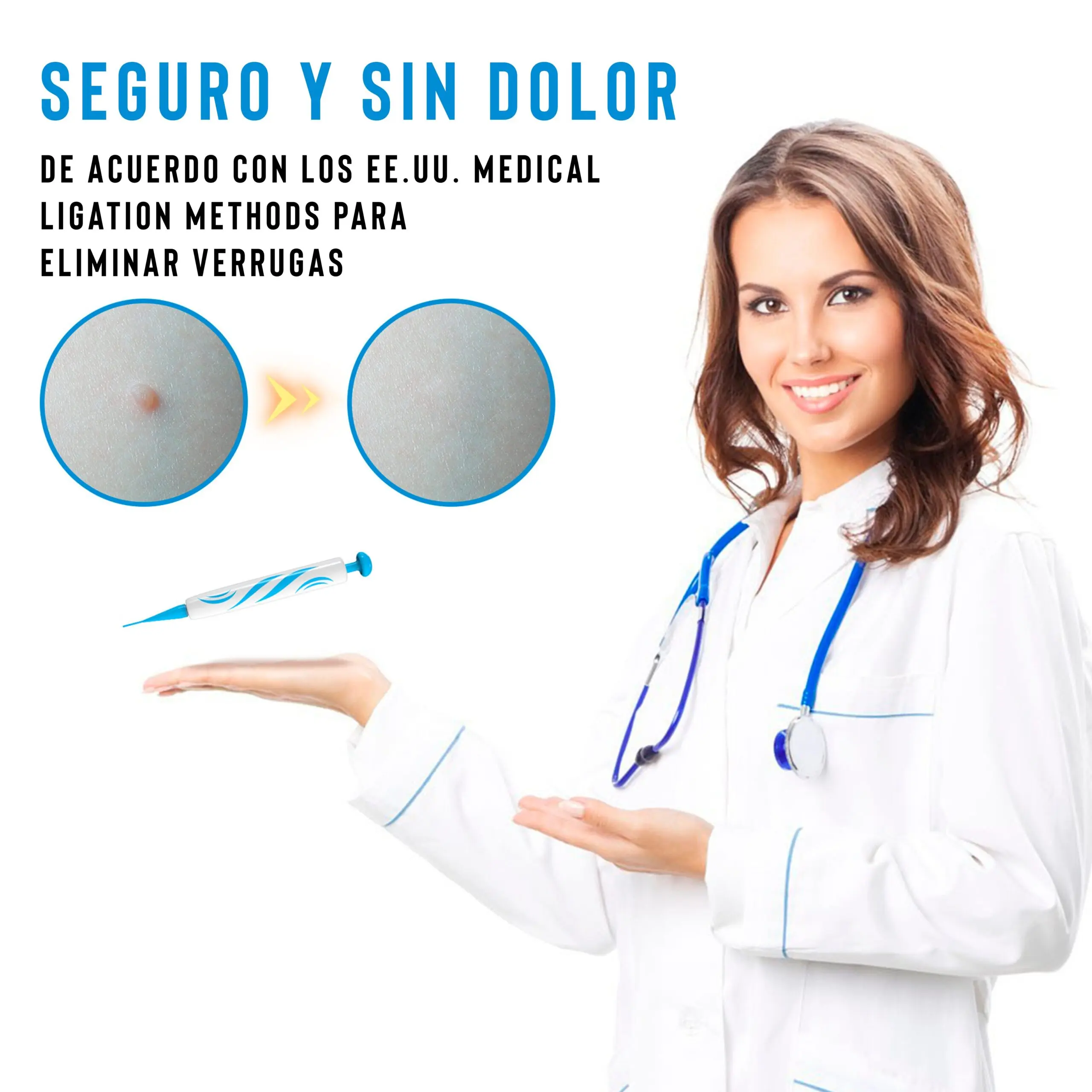 Kit eliminador de verrugas con jeringa de precisión y demostración de piel antes y después.