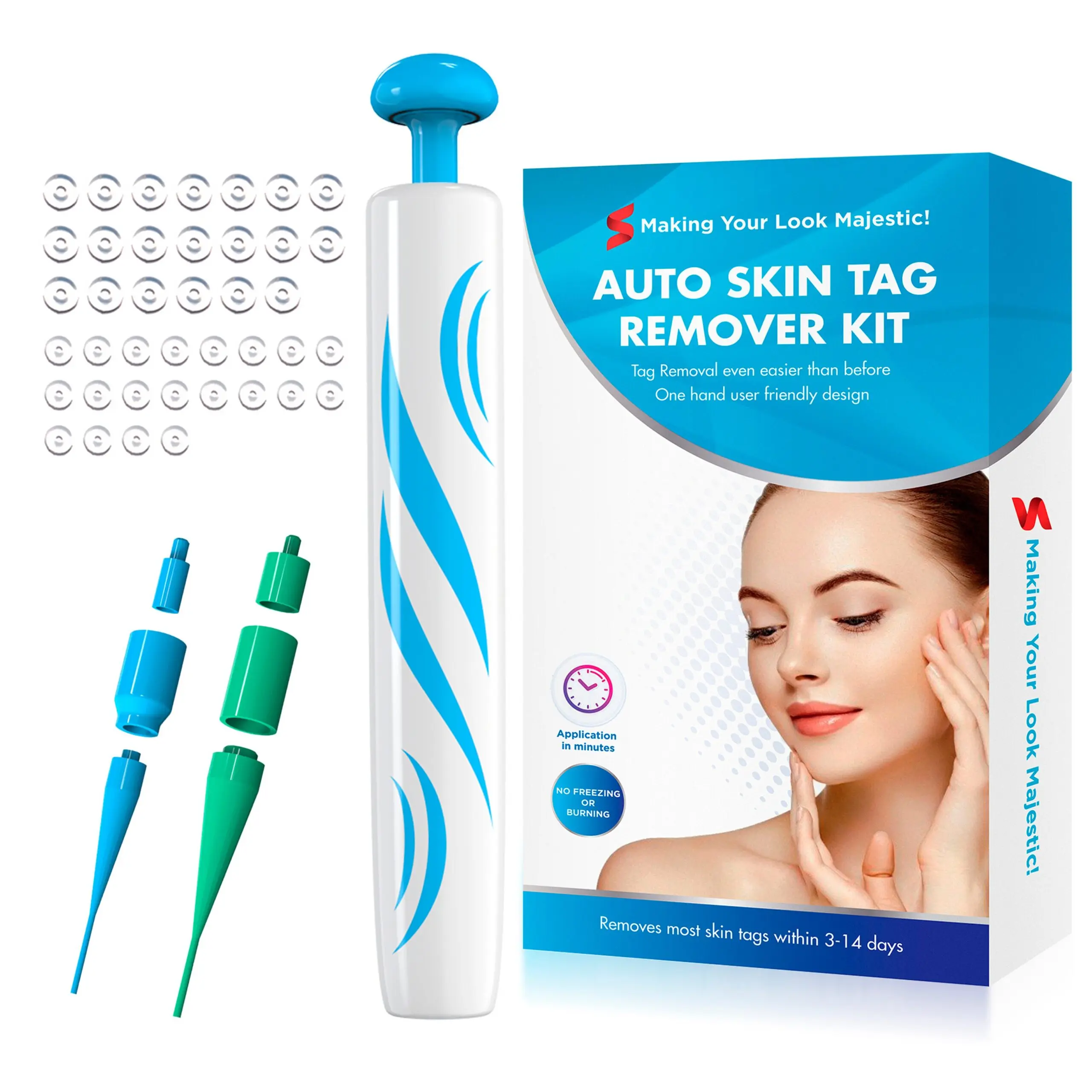 Kit eliminador de verrugas con aplicador azul y verde, bandas de silicona y caja con modelo.