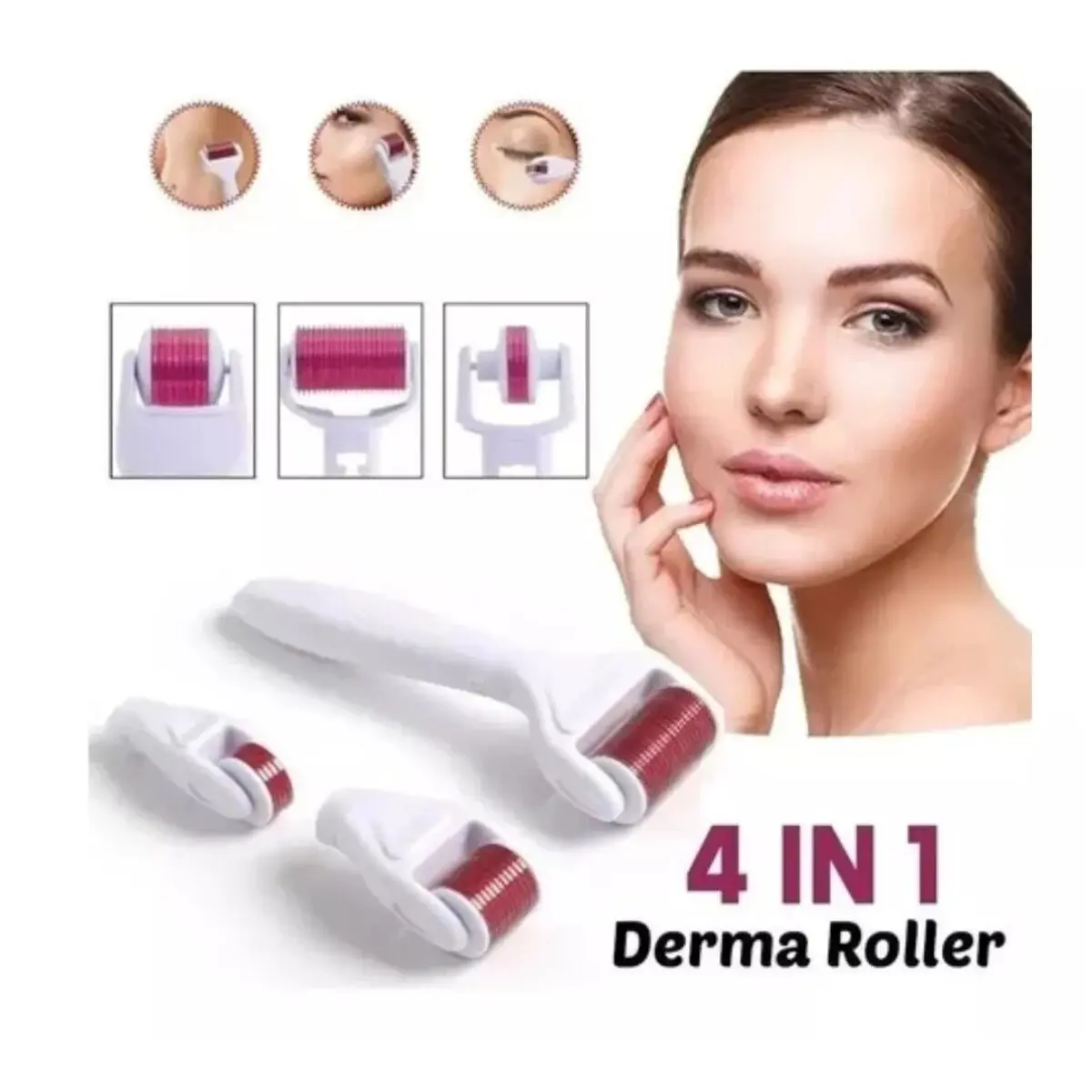 Derma Roller 4 en 1 blanco con rodillos intercambiables para cuidado facial y modelo de mujer en primer plano.