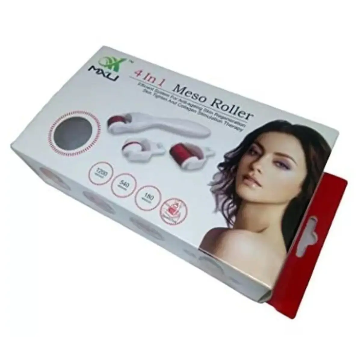 Caja de Derma Roller 4 en 1 para cuidado facial con rodillos de diferentes tamaños y una mujer en la portada.