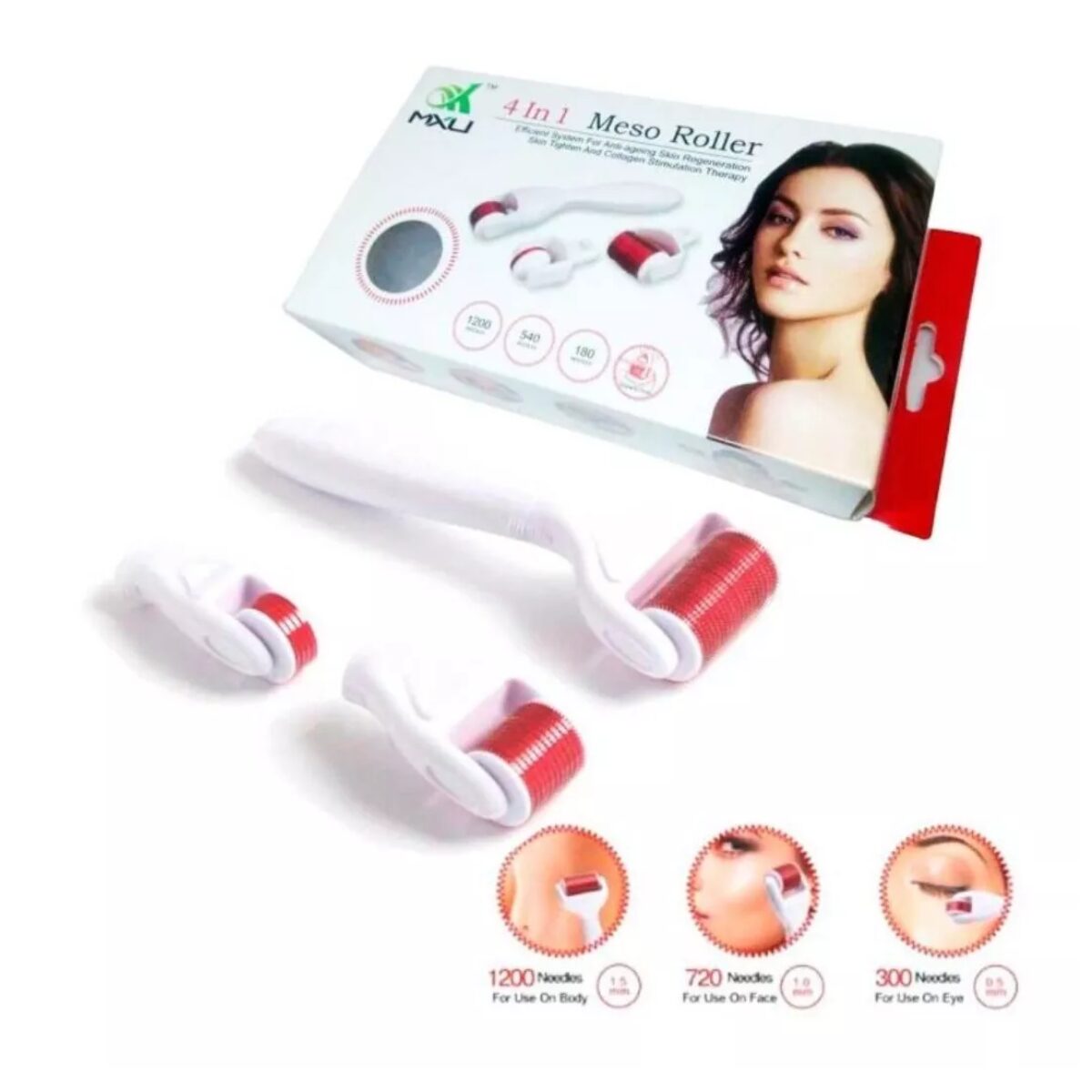 Derma Roller 4 en 1 blanco con rodillos de agujas rojas para cuerpo, cara y ojos. Incluye cabezales de 1200, 720 y 300 agujas.