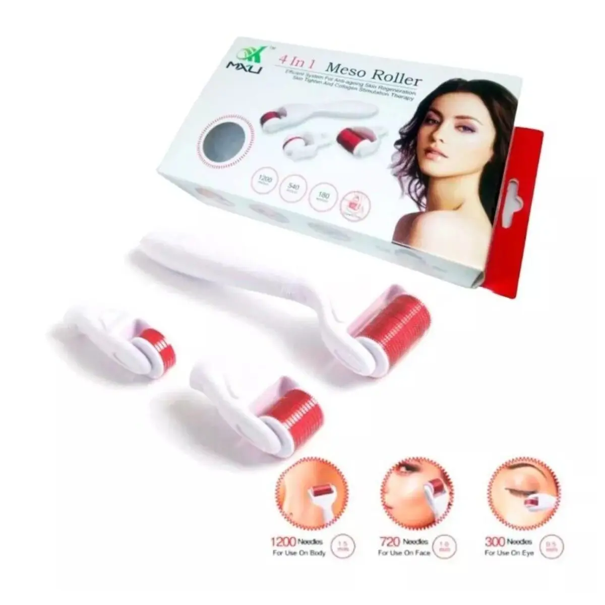 Derma Roller 4 en 1 blanco con rodillos de agujas rojas para cuerpo, cara y ojos. Incluye cabezales de 1200, 720 y 300 agujas.