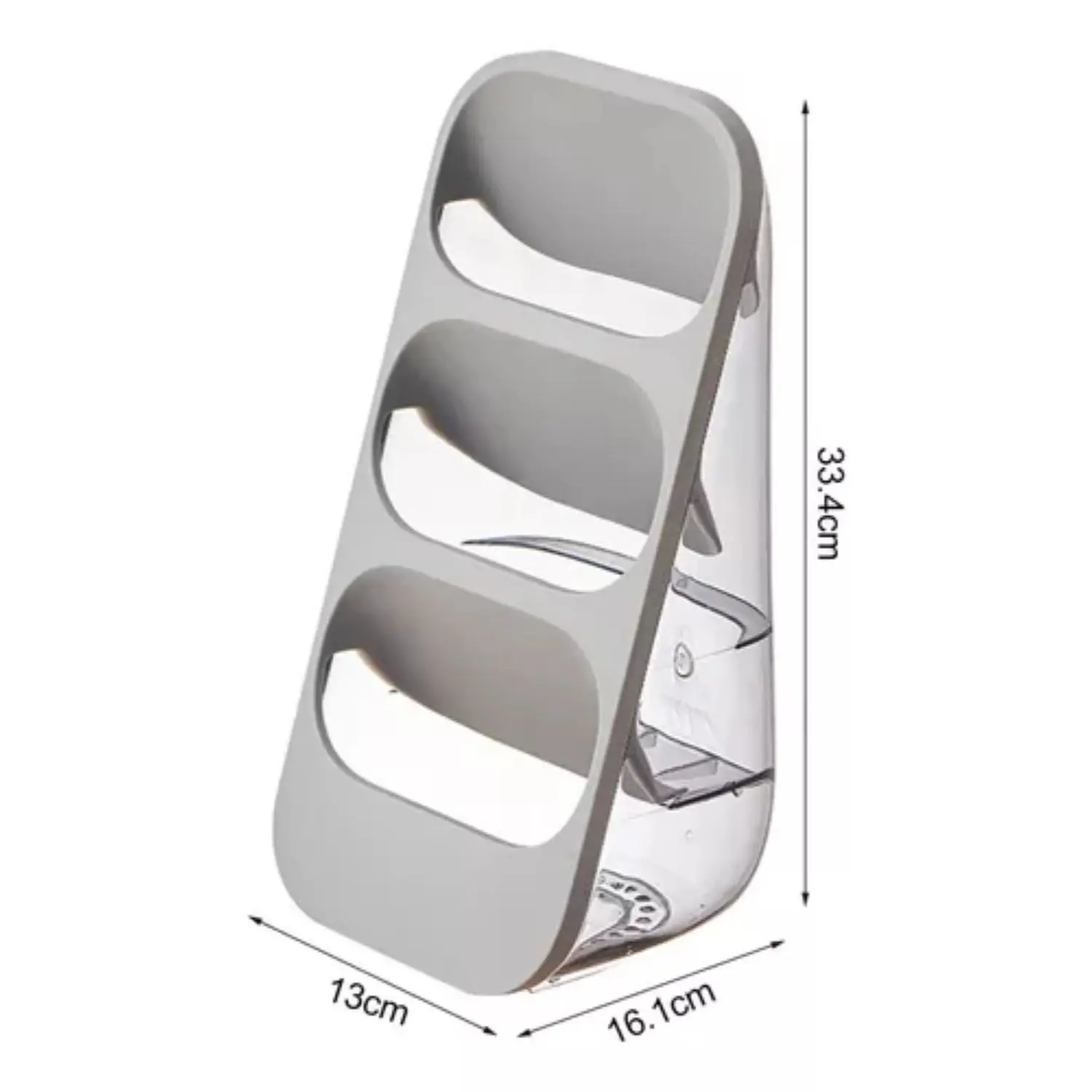 Organizador de cubiertos de tres niveles con frente gris y cuerpo transparente, medidas de 33.4 cm de alto, 13 cm de ancho y 16.1 cm de profundidad.